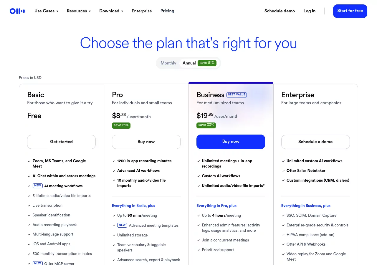Otter.ai pricing page showing the free Basic tier with 300 monthly transcription minutes and audio recording playback