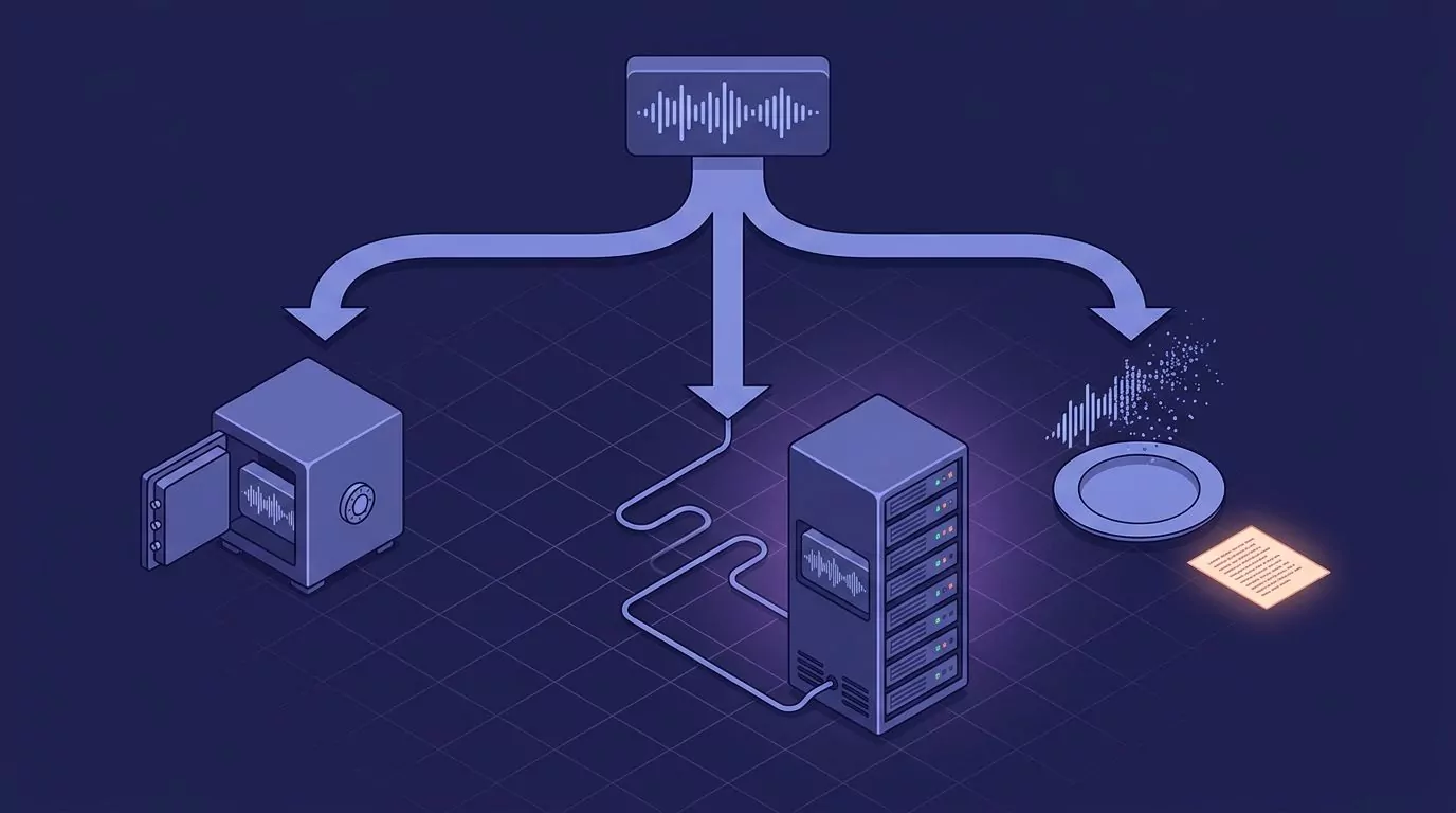One recording splitting three ways: kept in a local vault, sent to a cloud server, or discarded leaving only a text note