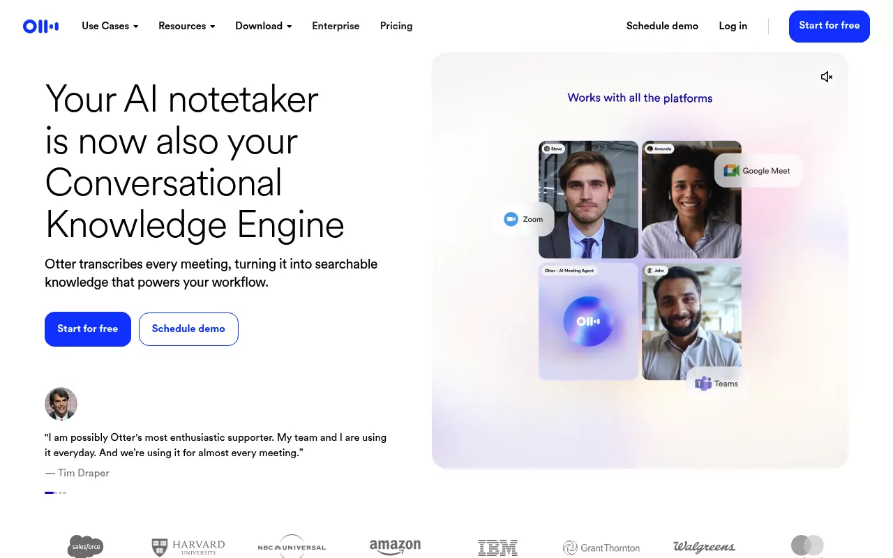 Otter.ai homepage calling itself an AI notetaker that transcribes every meeting across Zoom, Meet and Teams