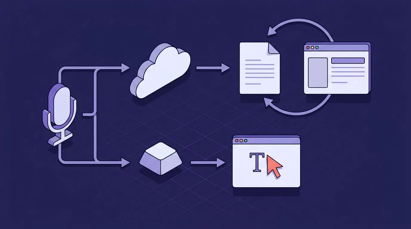 Flow diagram comparing transcription into a separate document with dictation that lands at the cursor in the active window