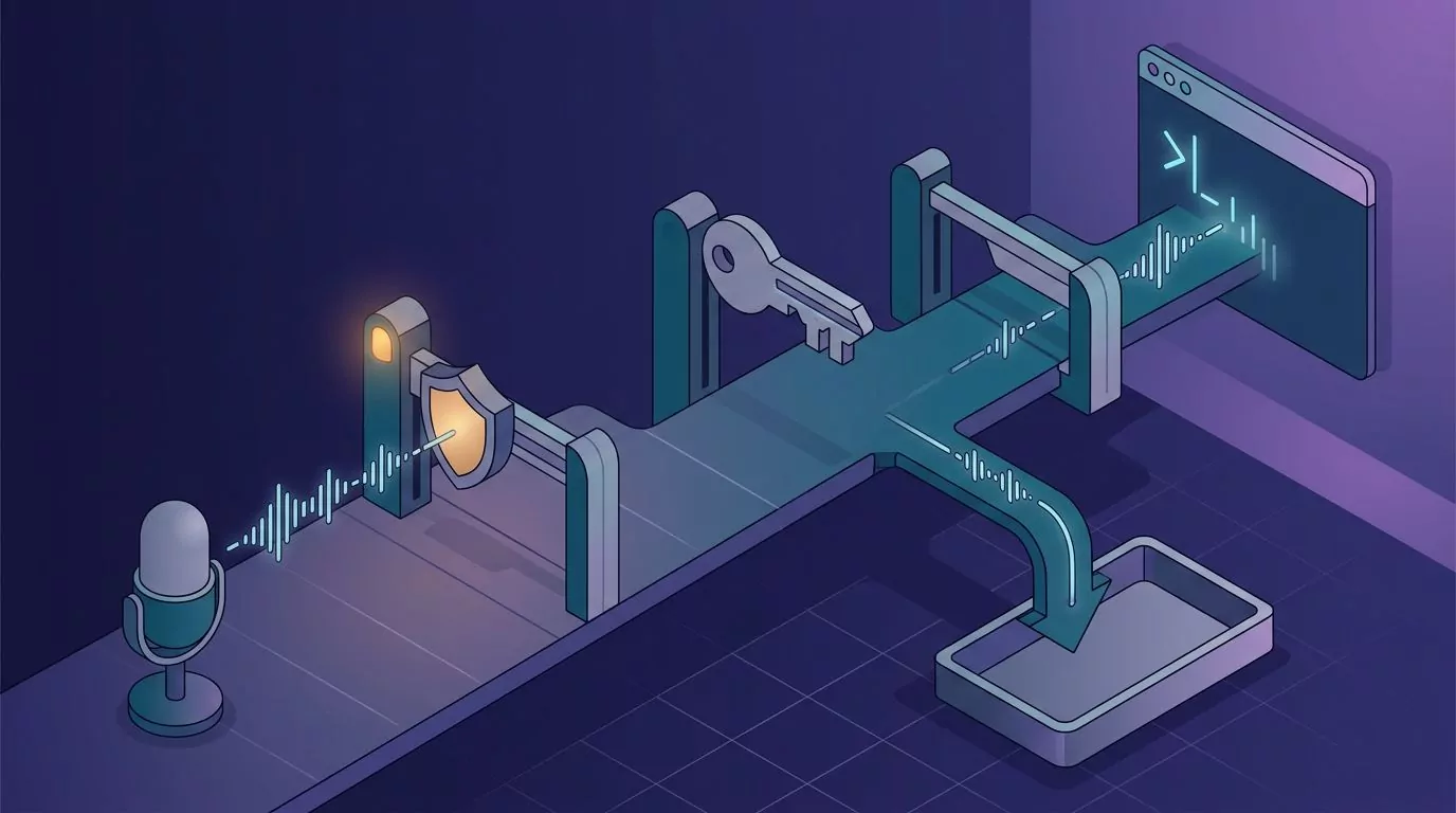 Voice passing a microphone gate then an accessibility gate to reach a text cursor, with a blocked branch dropping into a tray