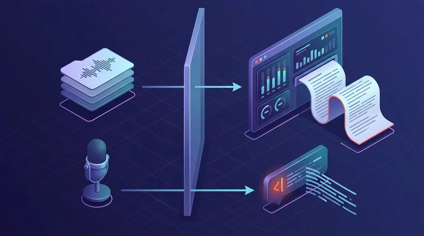 Two lanes: audio files feeding an app window that outputs a transcript, and a microphone feeding text into a chat box