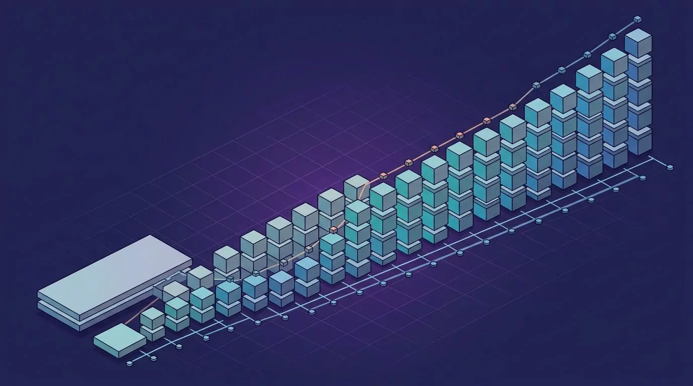 Rising subscription staircase over 24 months climbing above a flat one time purchase slab