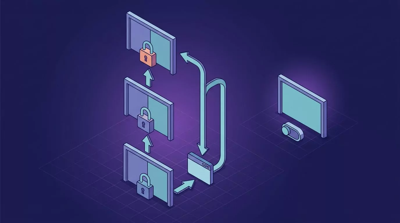 Three stacked macOS permission gates with a quit and reopen loop, beside the single gate Windows asks for