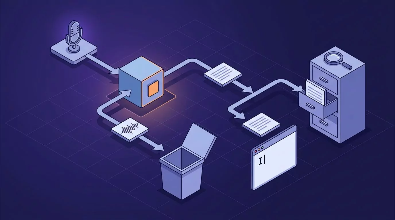 Flow diagram: audio dropped into a bin while dictated text splits to a cursor and a searchable library