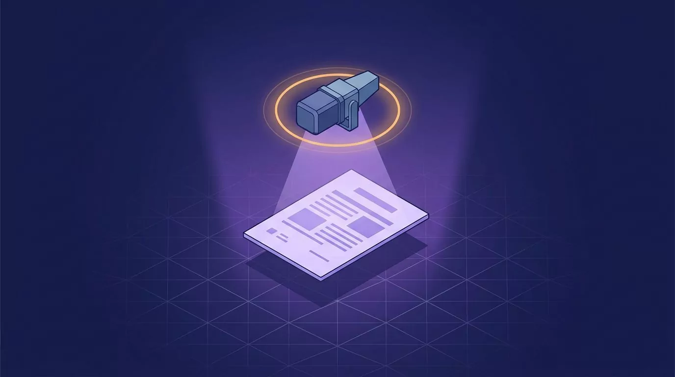 Microphone hovering over a document page, hero art for a voice typing Google Docs desktop guide