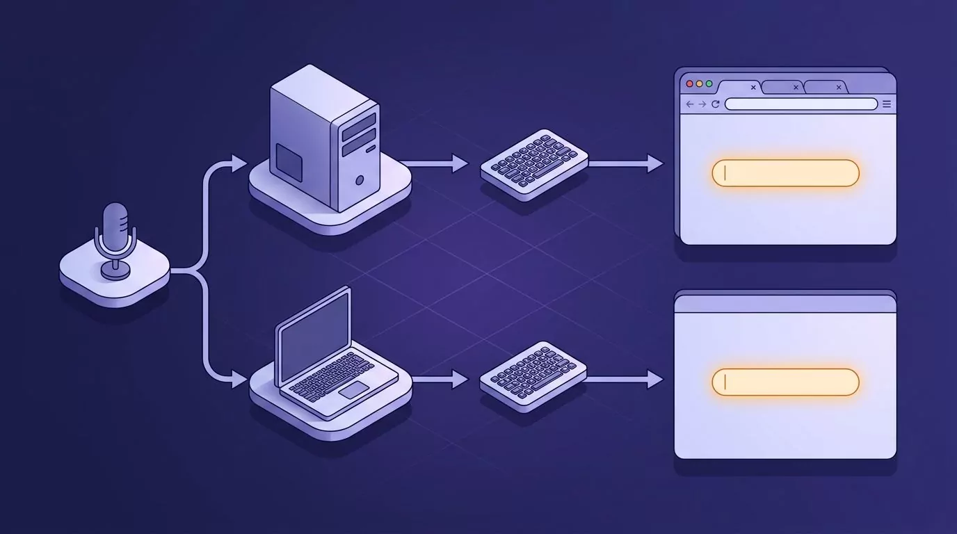 Branching diagram showing Windows and Mac dictation routes converging on the same ChatGPT text box in browser or desktop app
