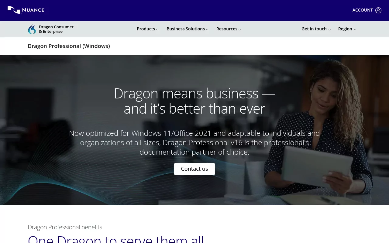 Nuance Dragon Professional page showing a Contact us button and no listed price