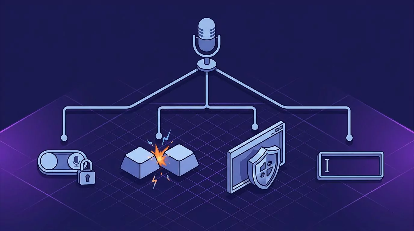 Decision tree of four LilySpeech failure points: mic permission, hotkey clash, admin window, no text field