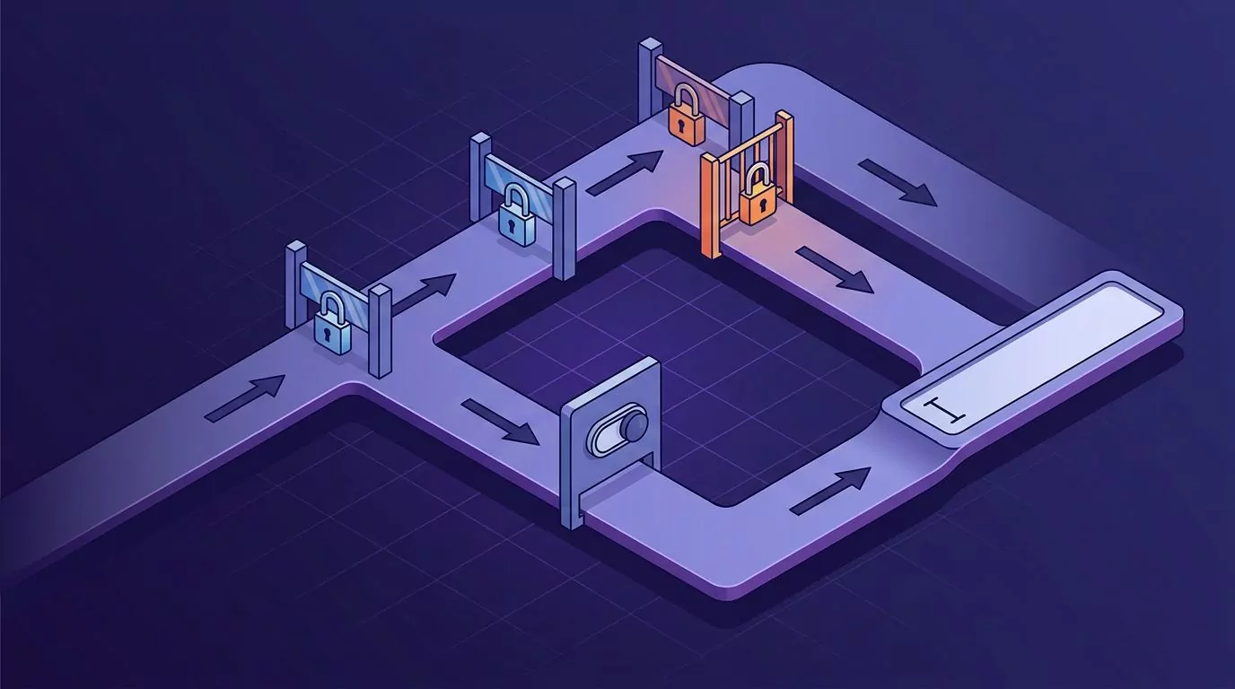 Two setup paths reaching one text field, one through three locked gates and one through a single toggle