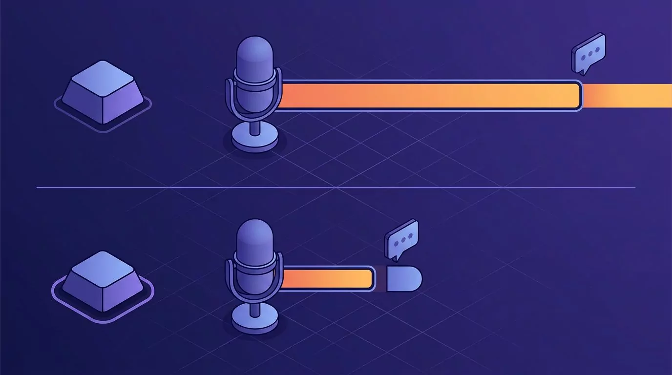 Diagram comparing a tapped dictation shortcut that keeps listening past the message with a held key that stops on release