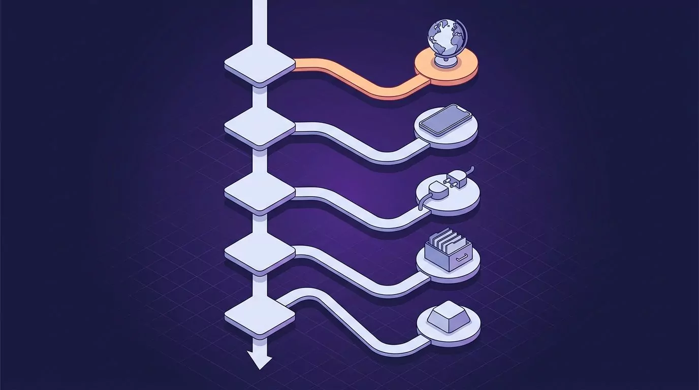 Decision ladder for picking a dictation app, branching to a globe, phone, plug, drawer and key