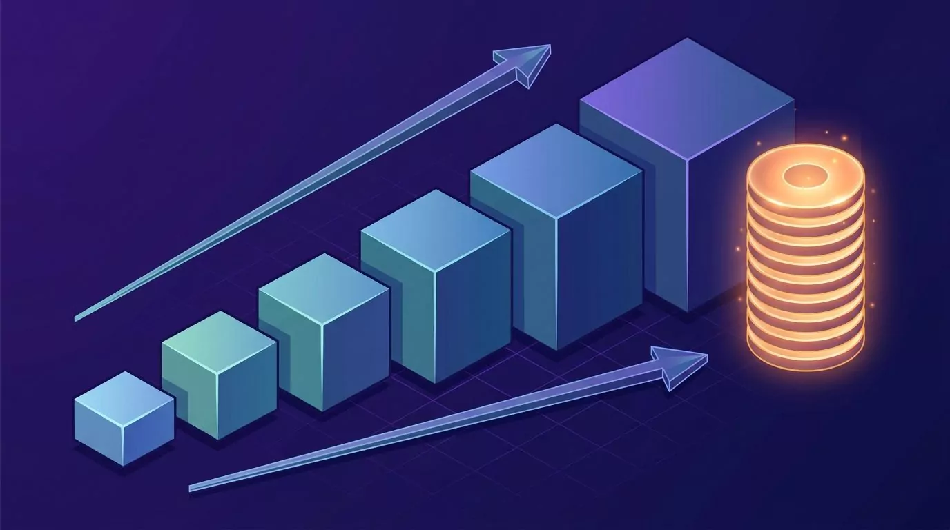 Five blocks growing left to right beside a glowing disk stack, showing Whisper model size and disk cost rising together