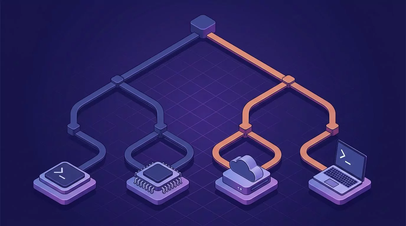 Decision tree branching from one question to four endpoints: terminal, chip, cloud server and cursor in a text field