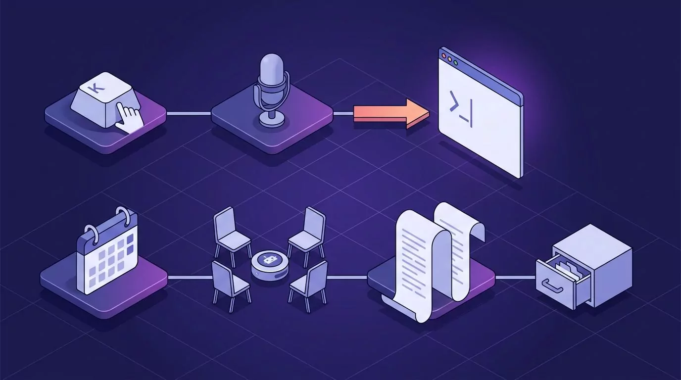 Two lane diagram: hold to dictate ends at an app cursor, a meeting bot ends in a transcript archive