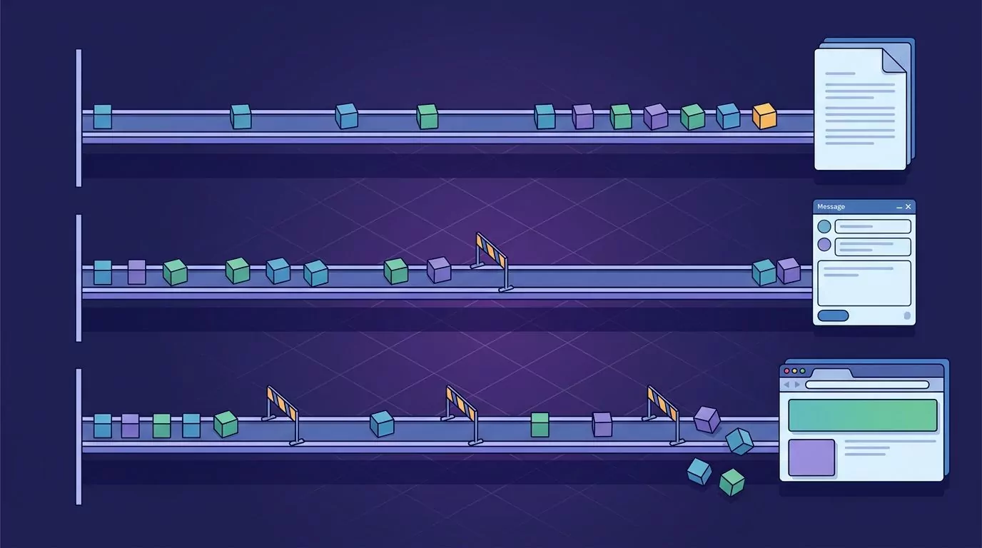 Three lanes of text blocks running into a Word page, an Outlook window and a browser, with more obstacles per lane