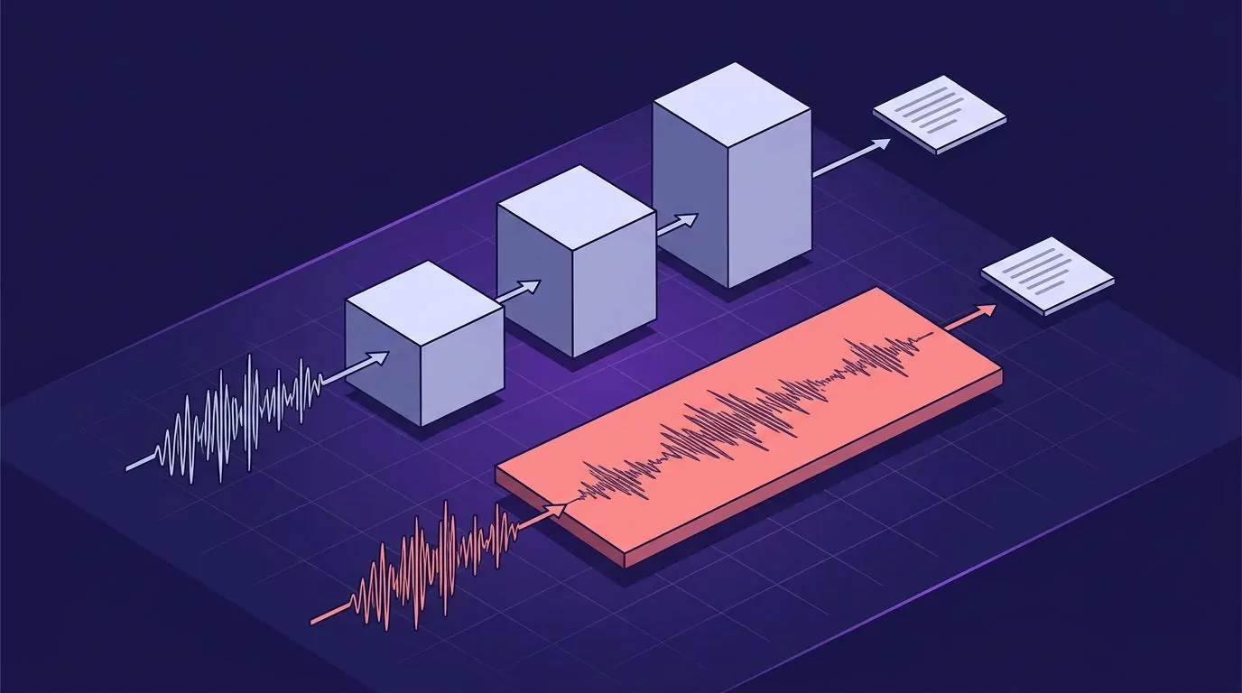 Diagram comparing a three stage speech pipeline with a single end to end speech recognition model