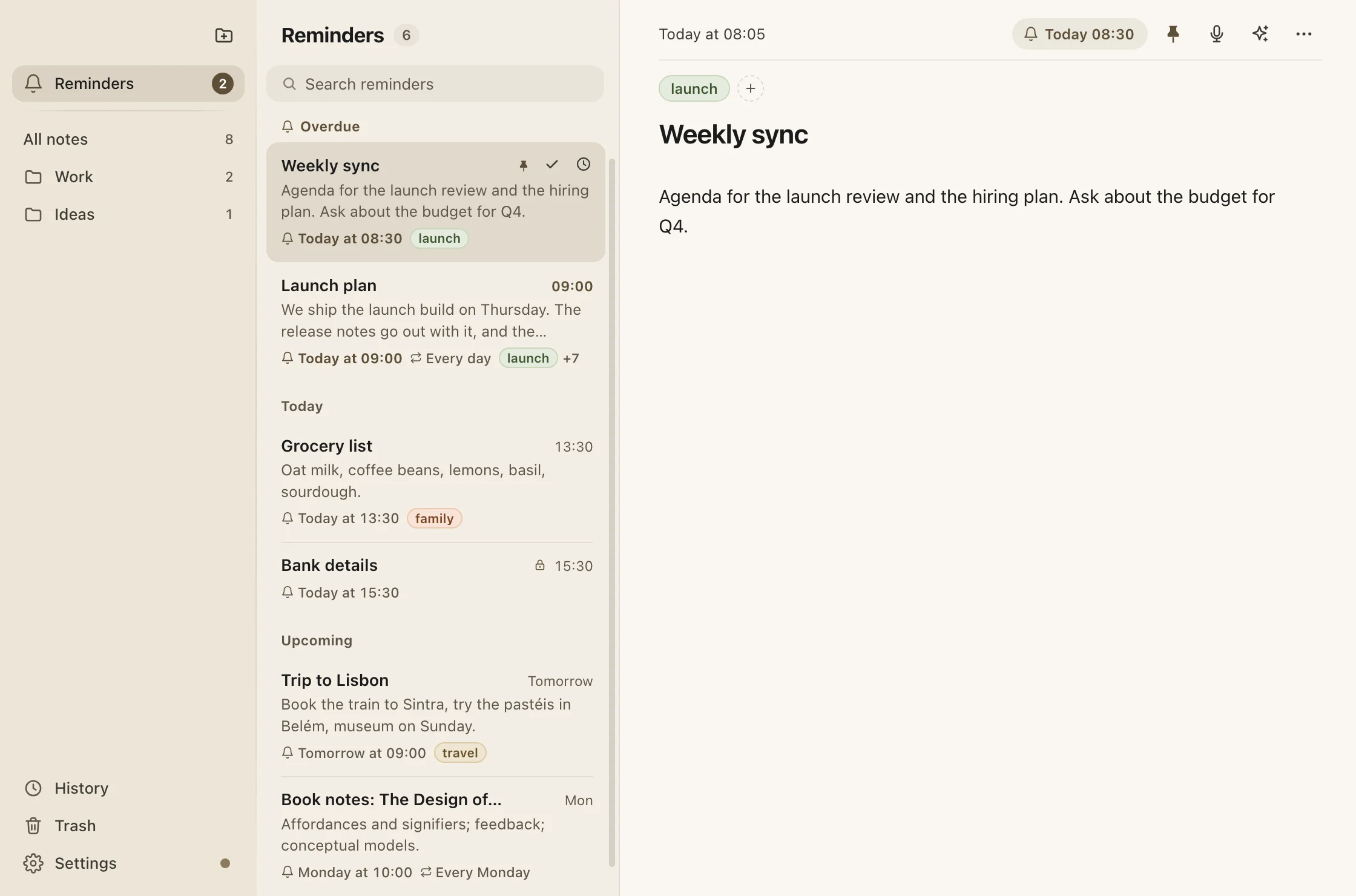 VoiceSnap Pro Windows-layout reminders view with overdue, today and upcoming sample notes.