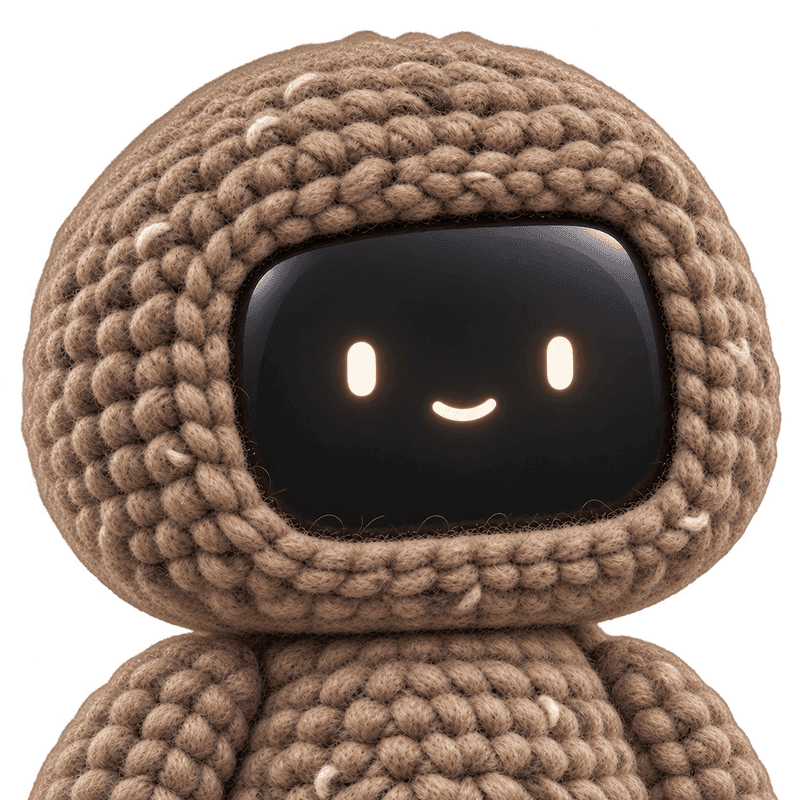 The handmade wool VoiceSnap character with open, attentive screen eyes and a subtle smile