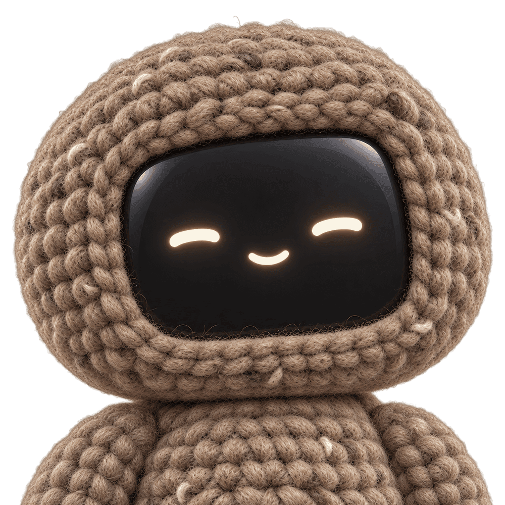 Chest-up portrait of the handmade taupe wool VoiceSnap character with a calm, welcoming screen face