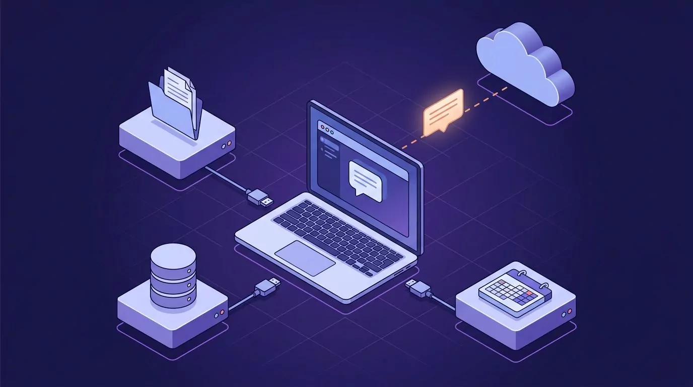 What is an MCP server: a laptop host wired to three server blocks, with a dashed line to the model provider's cloud