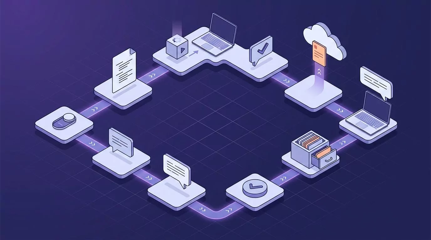 Eight-stop loop from switch and config file to a notes cabinet releasing one card that rises to the provider's cloud
