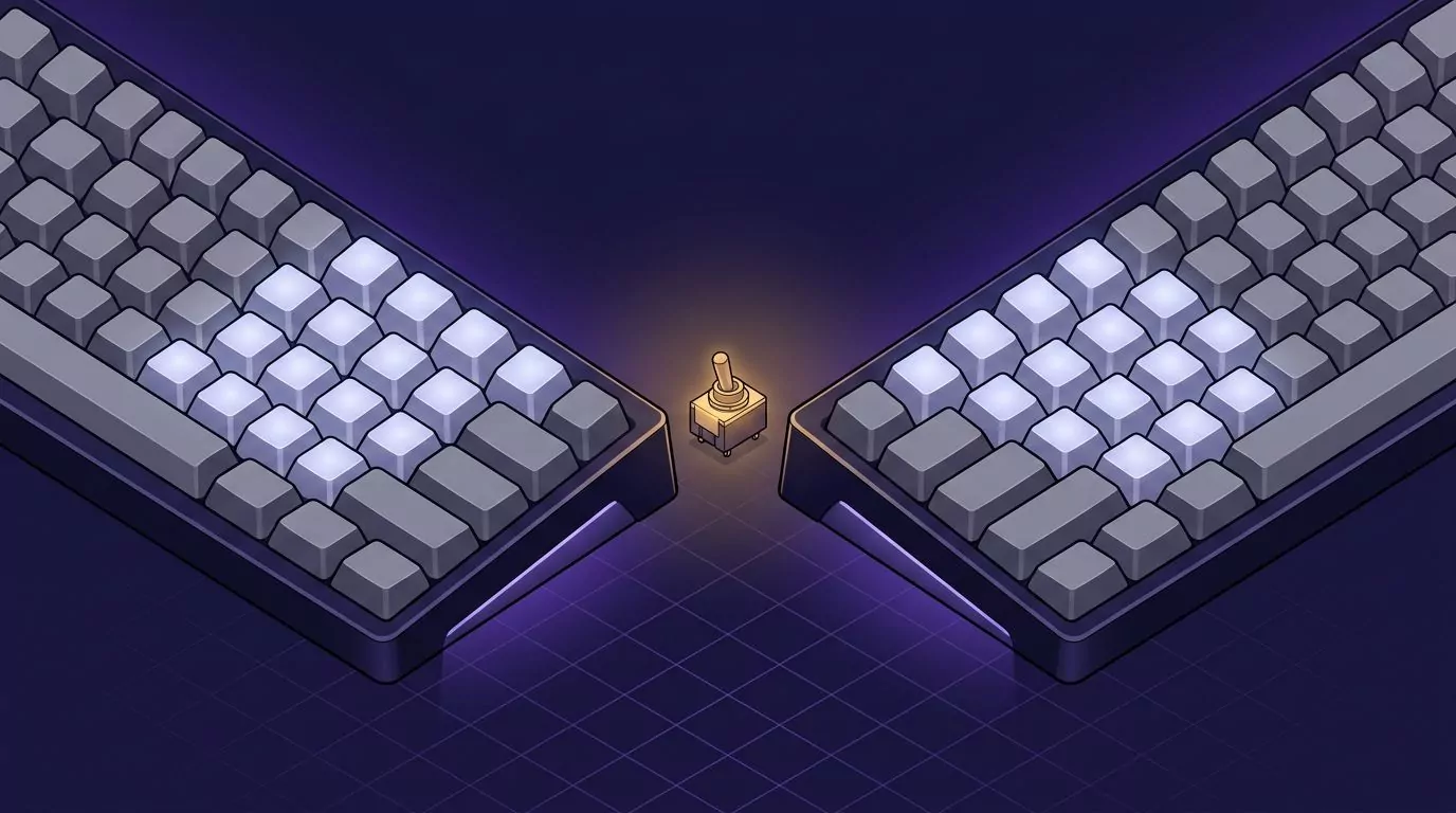 Two keyboards with mirrored clusters of lit keys and a toggle between them, like one handed Dvorak left and right