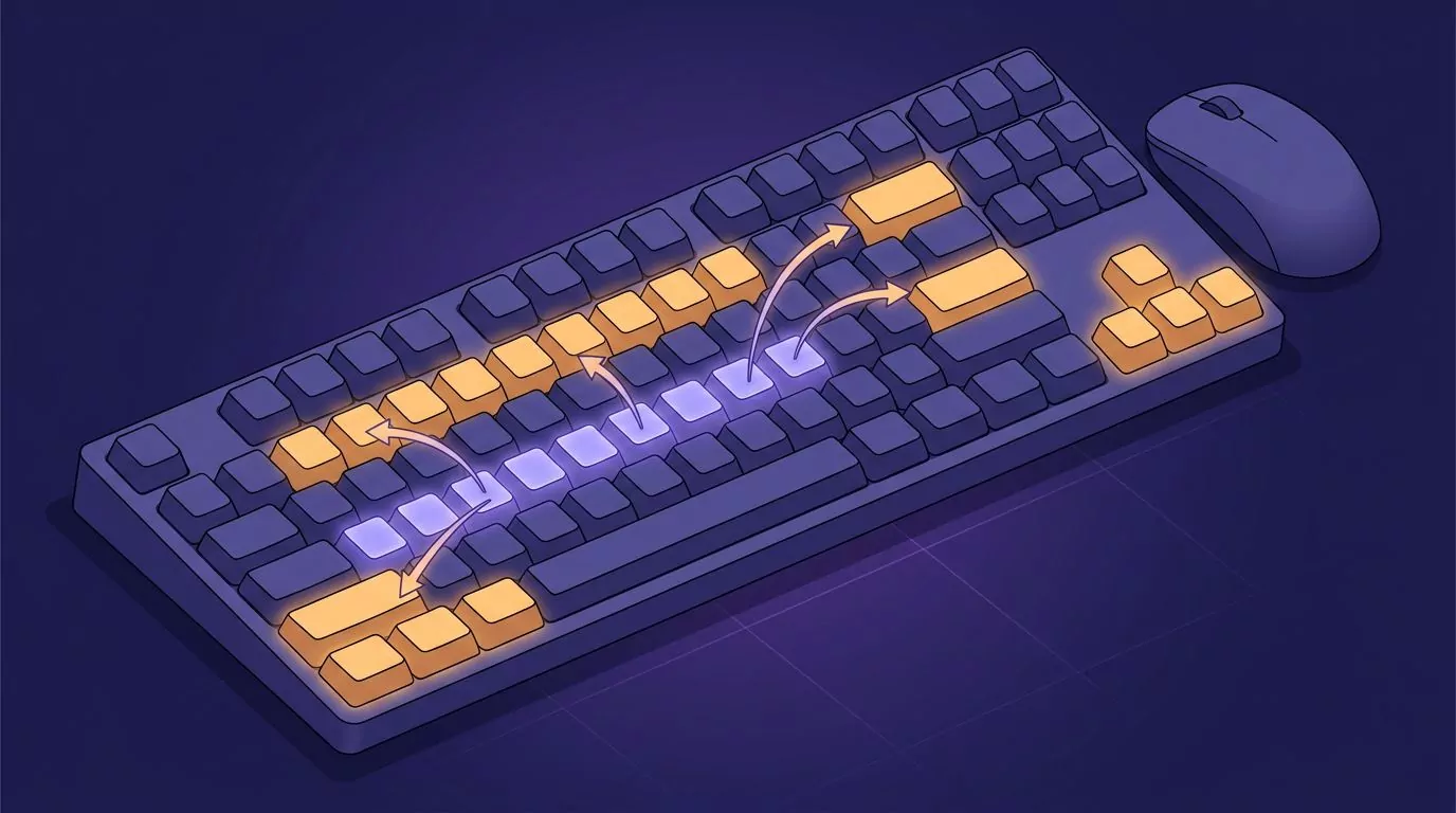 Keyboard reach map: home row resting zone with arrows out to modifiers, Backspace, Enter, the number row and arrow keys