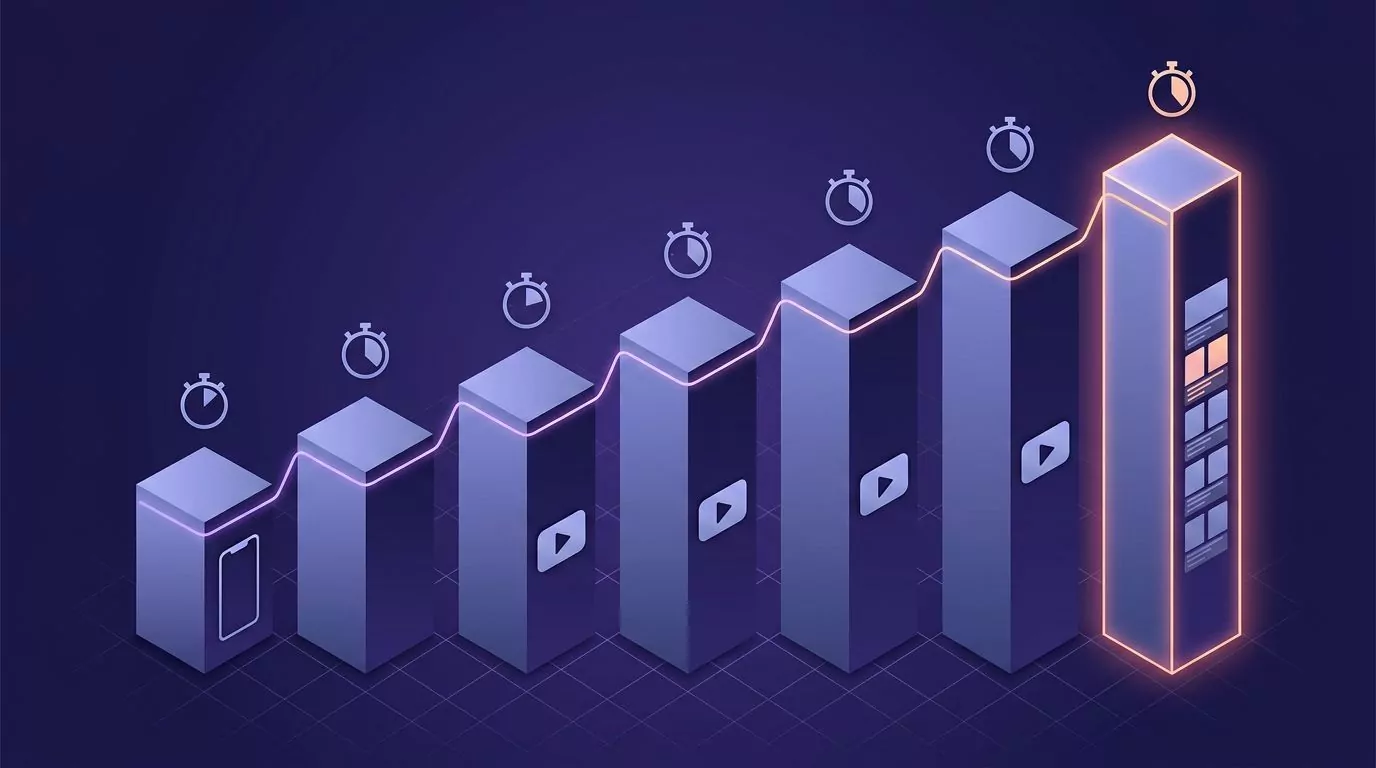 Seven columns rising from a short vertical video to a long chaptered video, each a larger video script word budget