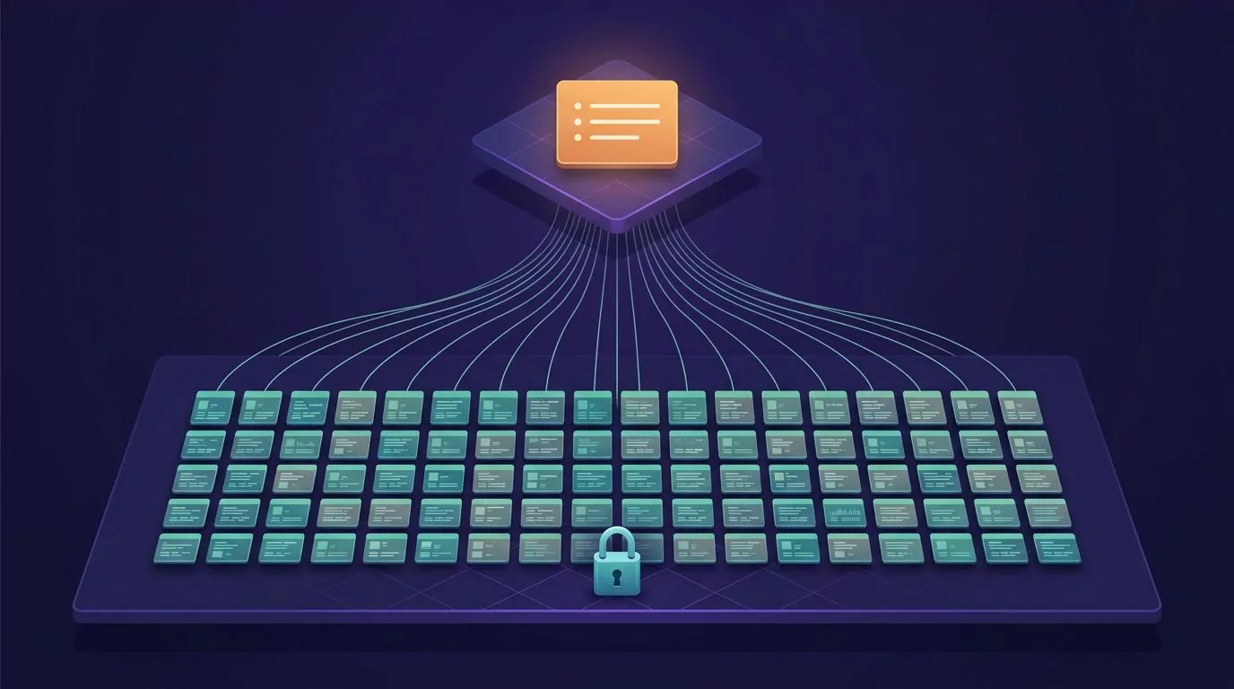 Two layers of a work journal: many private raw log entries behind a padlock feed one shared summary card above