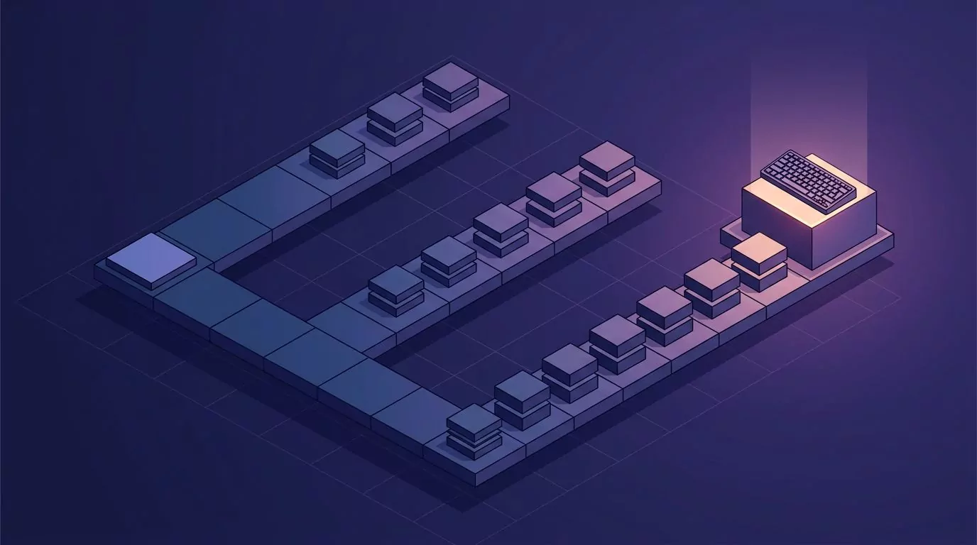 One start tile branching into three paths of growing length, the longest ending at a keyboard on a pedestal