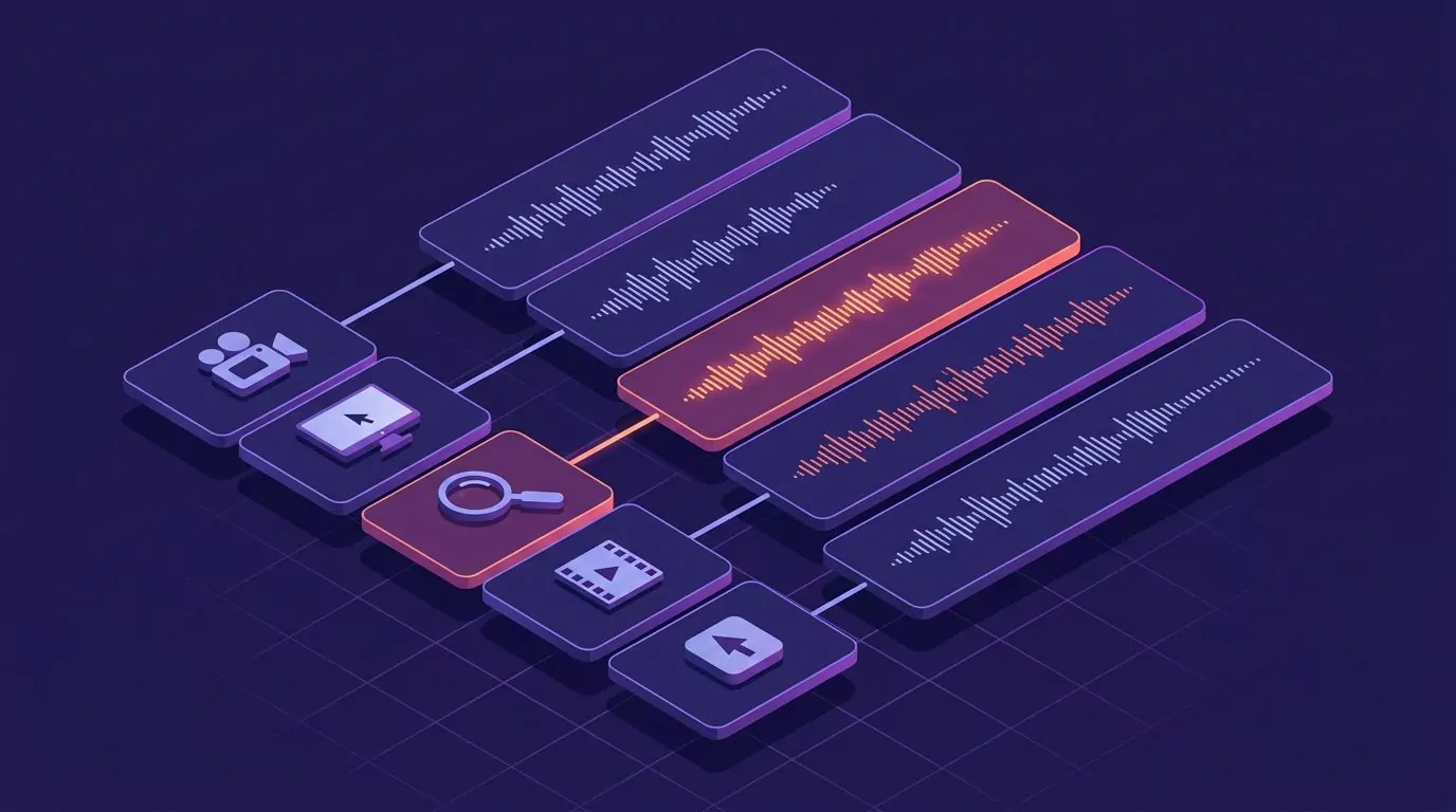 Two column audio visual script: five visual cells on the left, each linked to a narration sound wave on the right