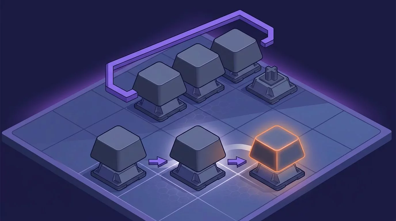 Three keys pressed together in one lane versus the same three keys lit in sequence, showing how sticky keys works
