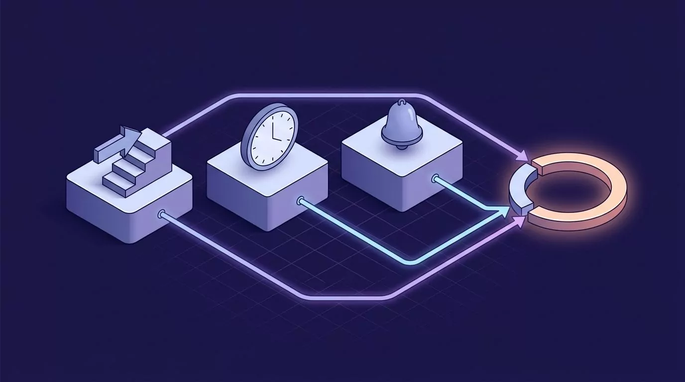 Three plan parts, a next step, a time and a reminder bell, join up to close an open loop