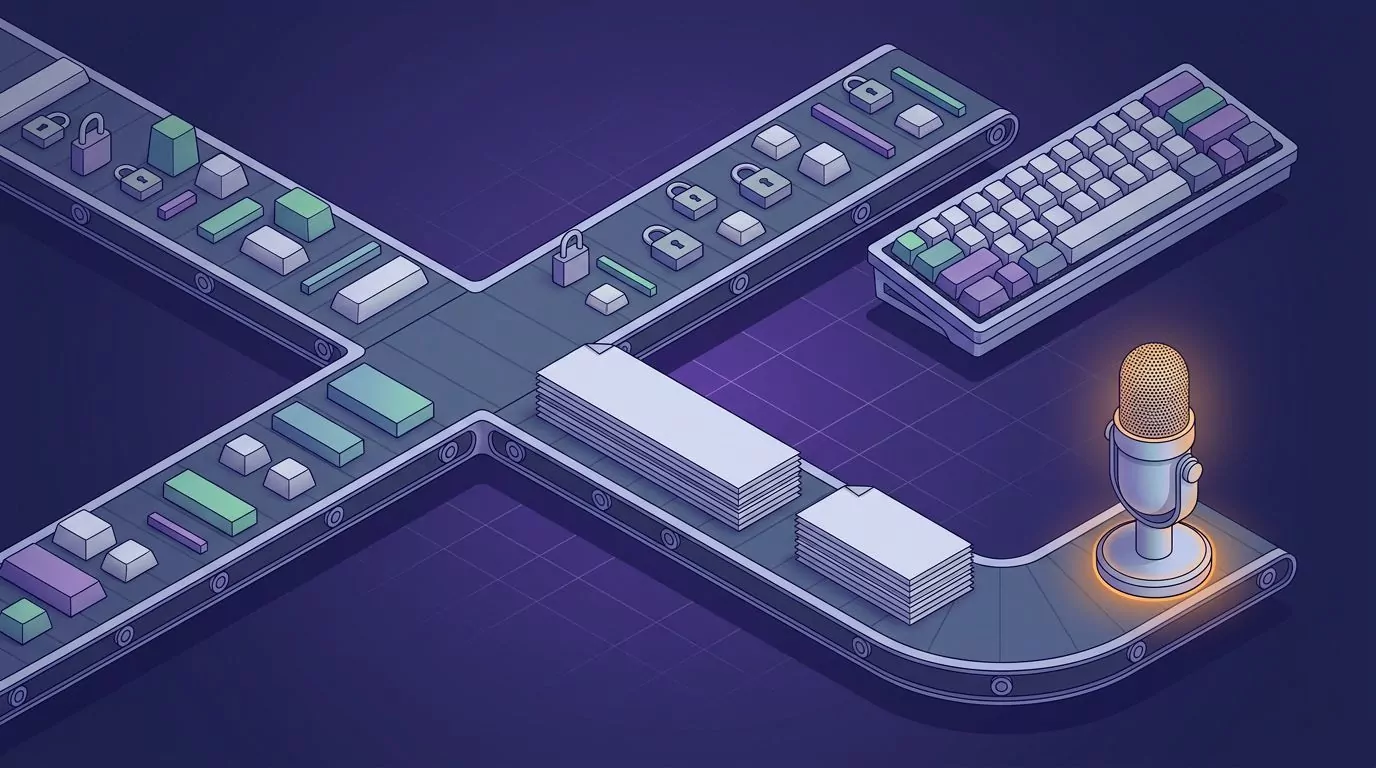 Conveyor splitting short precise items toward a keyboard and long page stacks toward a microphone
