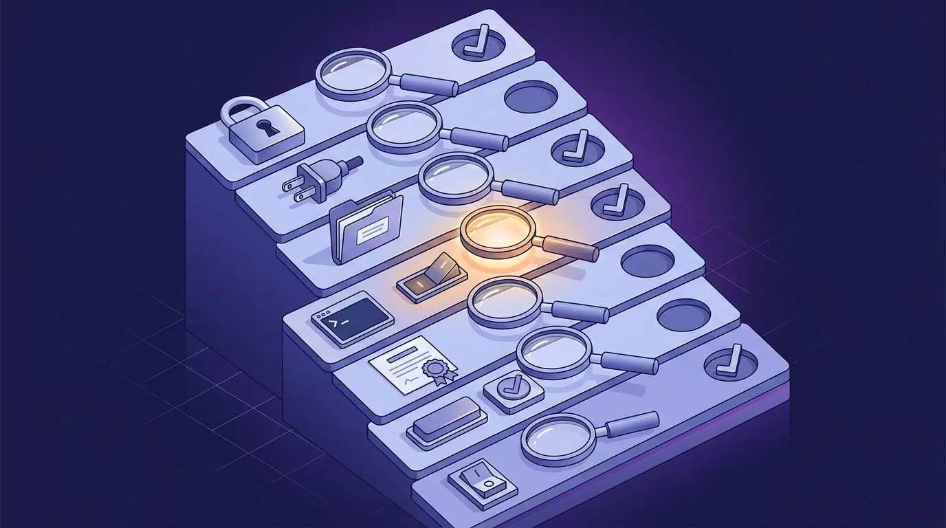 Eight-row MCP server checklist board, each row's object under a magnifying glass before its checkmark slot is filled