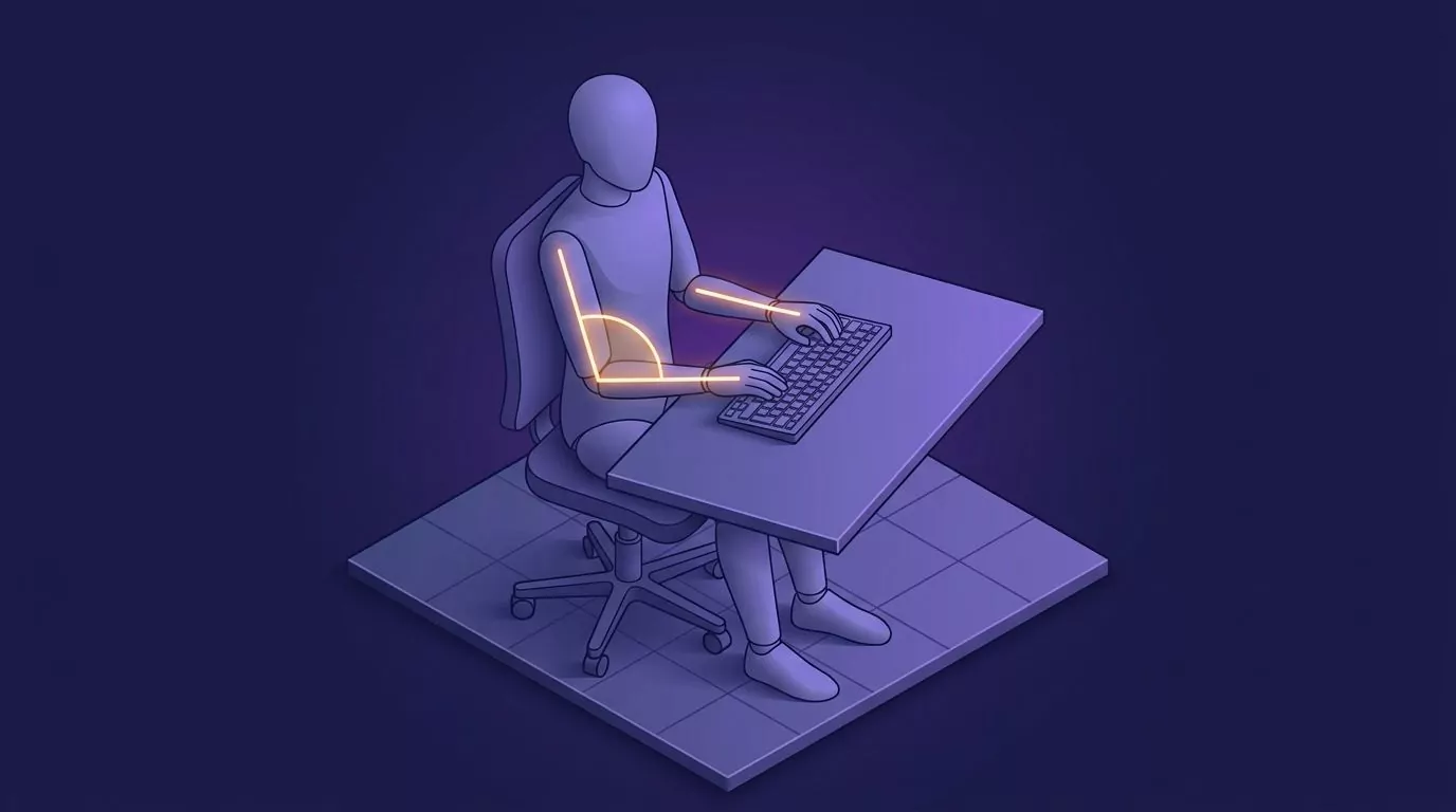 Proper typing posture side view: shoulder down, elbow open just past a right angle, forearm and wrist in one straight line