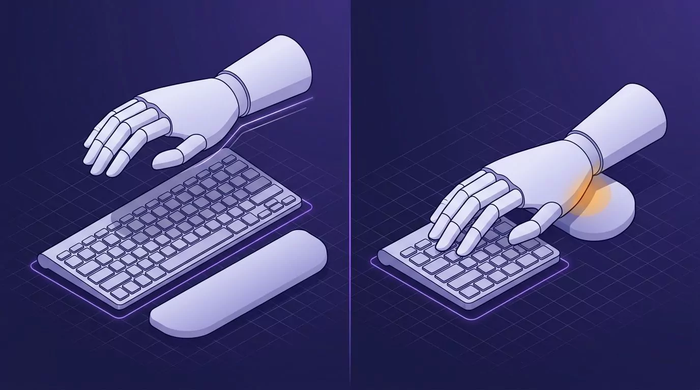 Wrist rest use: hand floating above the keys while typing, then the heel of the palm resting on a soft pad in a pause