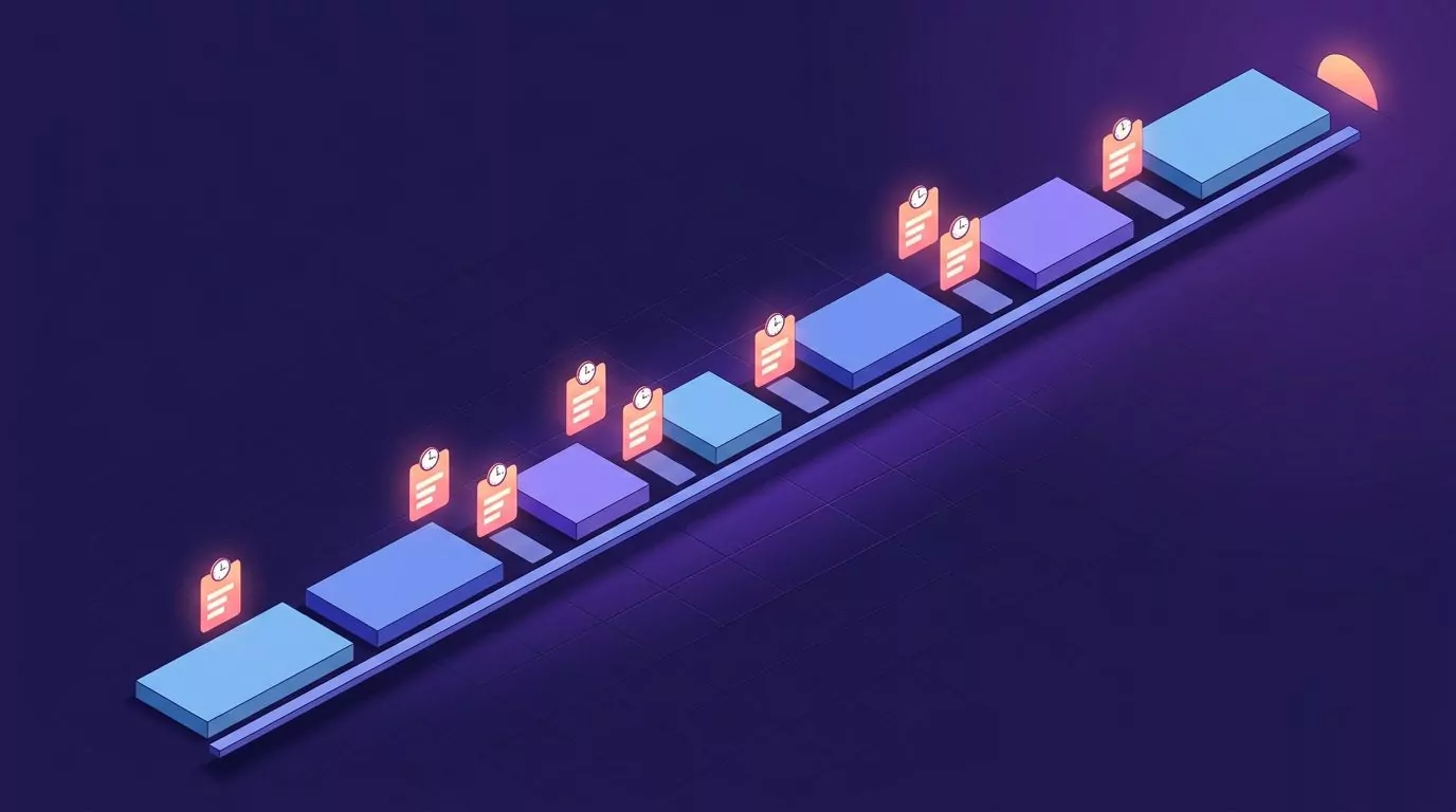 Interstitial journaling timeline: a work day of task blocks with a small three line log card in every gap