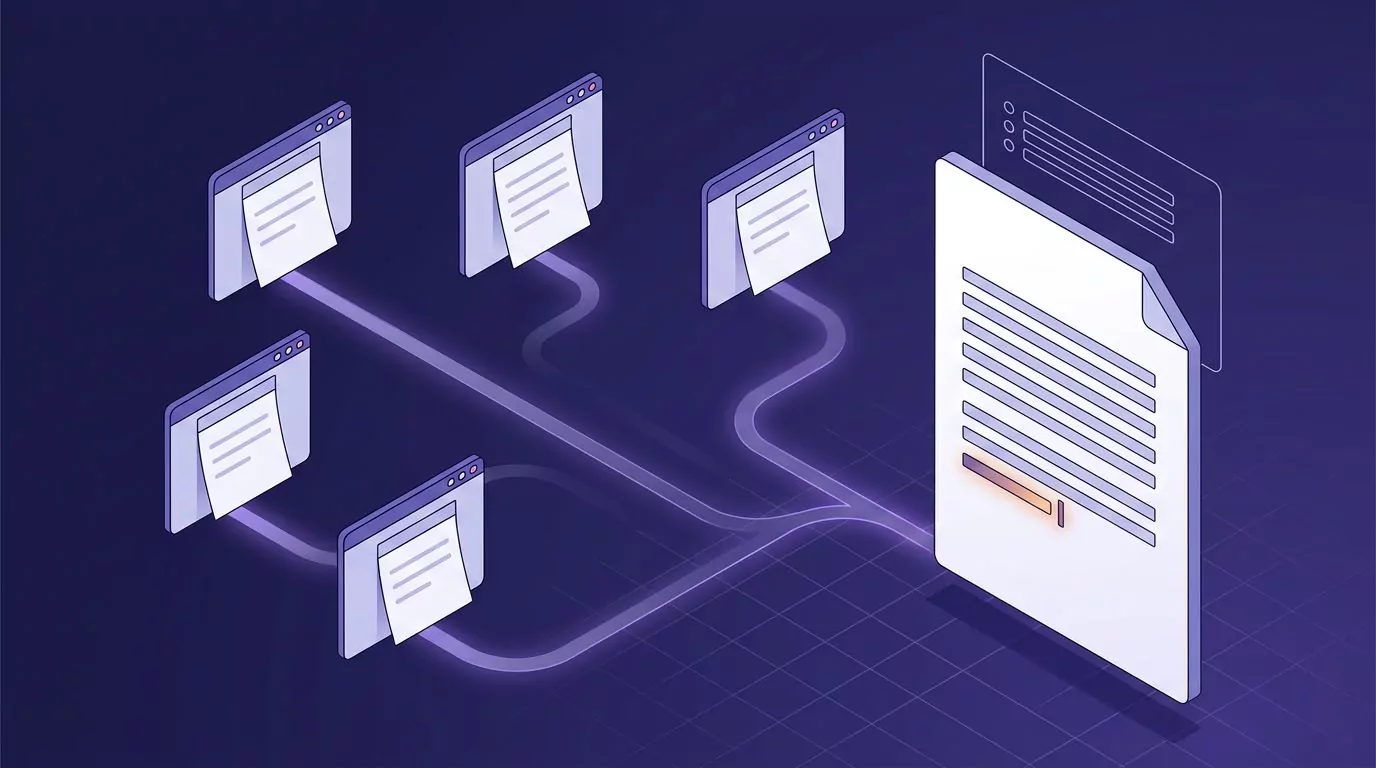 Five second brain notes open in their own windows, each feeding a paragraph into one draft at the cursor