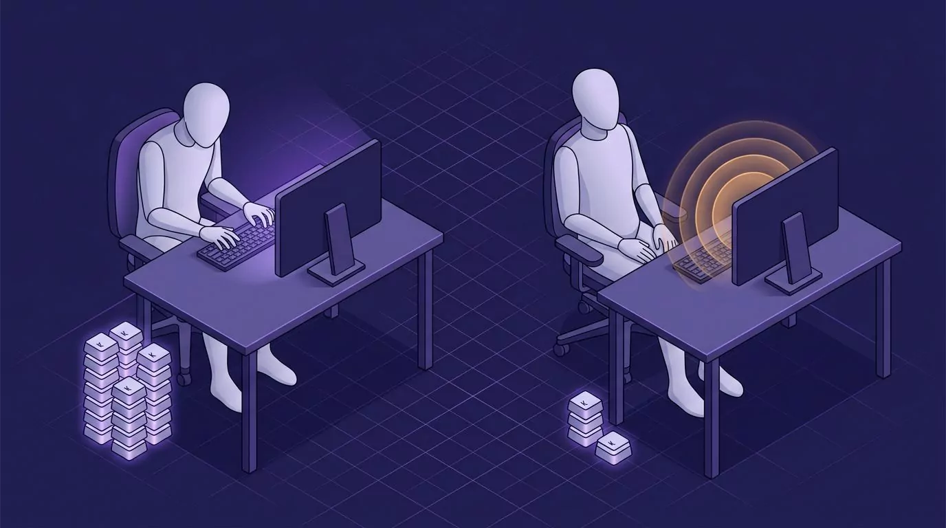 Typing posture versus dictating: hunched over the keys by a tall keystroke stack, then sitting back hands-free by a short one
