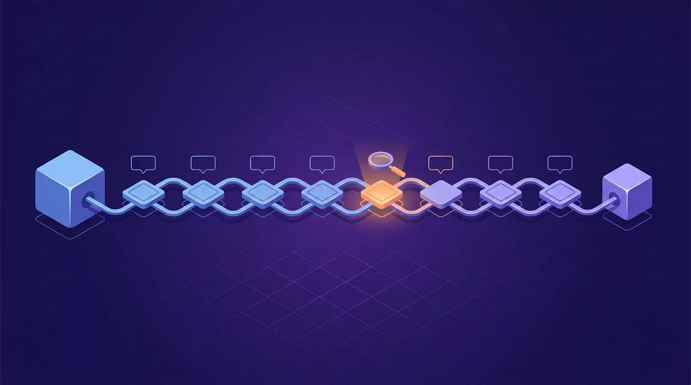 Rubber duck method as a data path: one input passes eight spoken steps to the output, step five highlighted