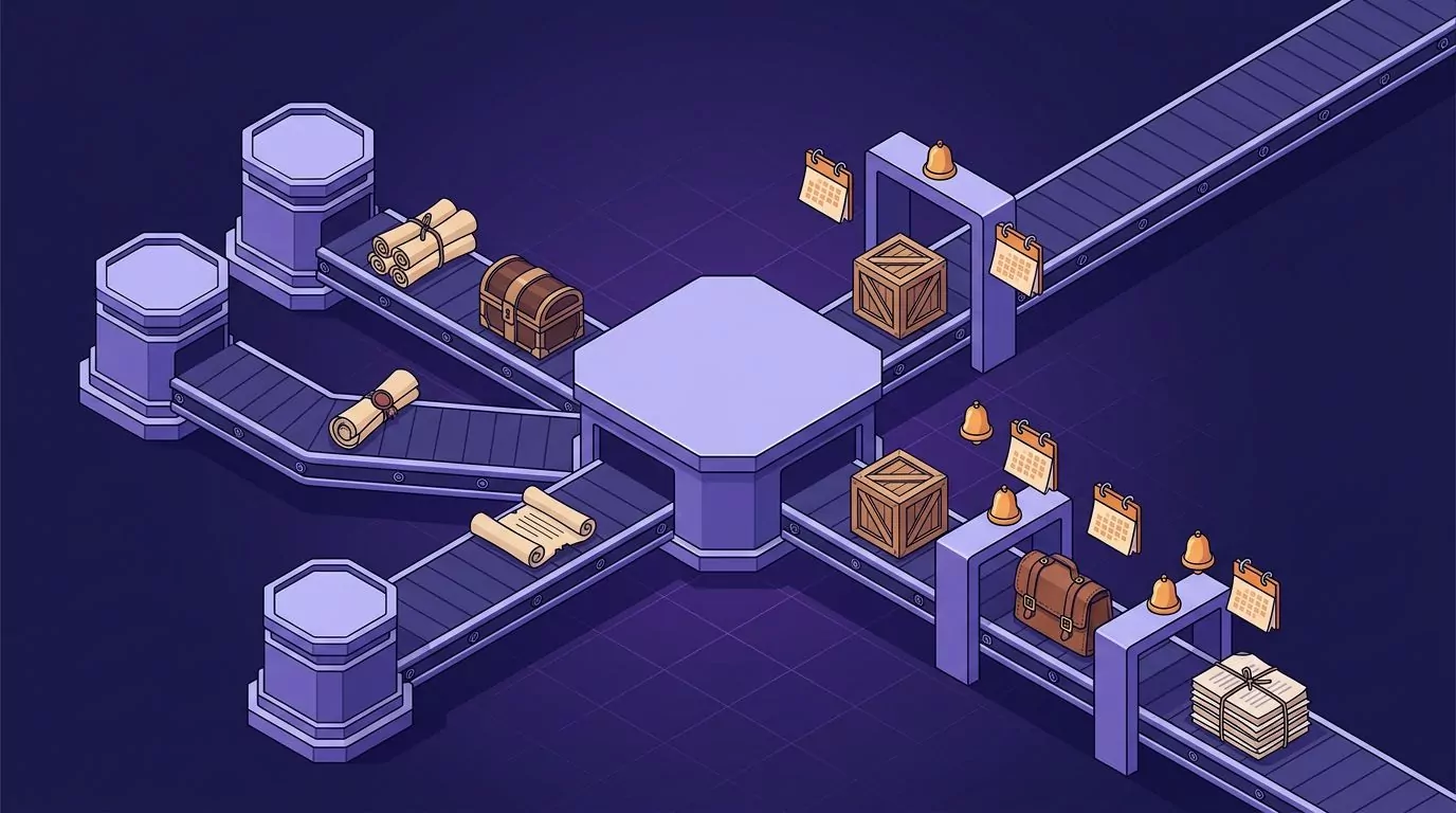 Items you owe flow out from your desk to others while items owed to you flow in through check-in reminder gates