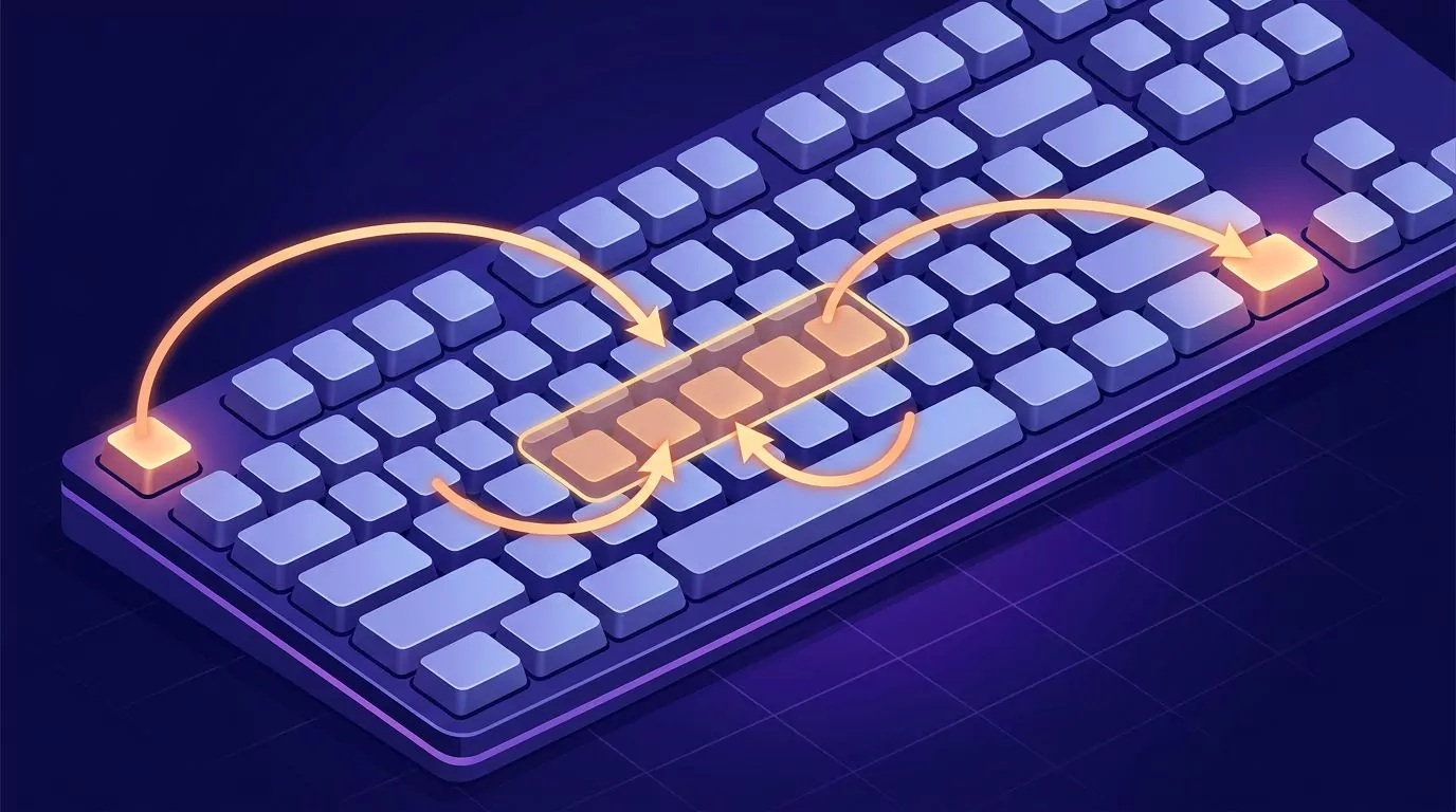 One handed typing on a keyboard: a lit rest zone on the centre keys, with arrows out to far keys and back